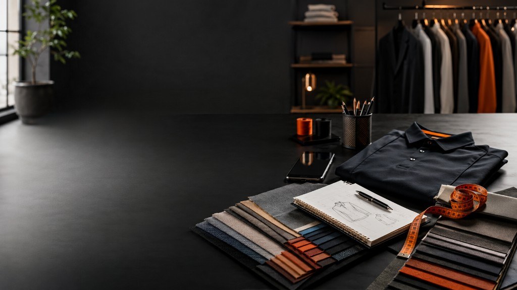 Sample polo, measuring tape and a sketchbook on the Power Wear Industry sampling table